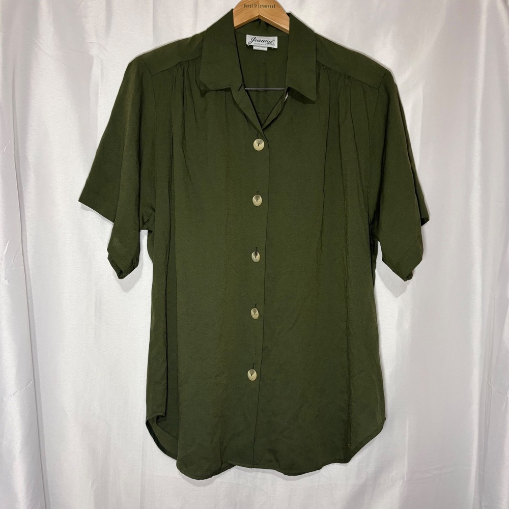 Vintage Joanna Olive Green Button Down Shirt Short Sleeve Shoulder Pads Large